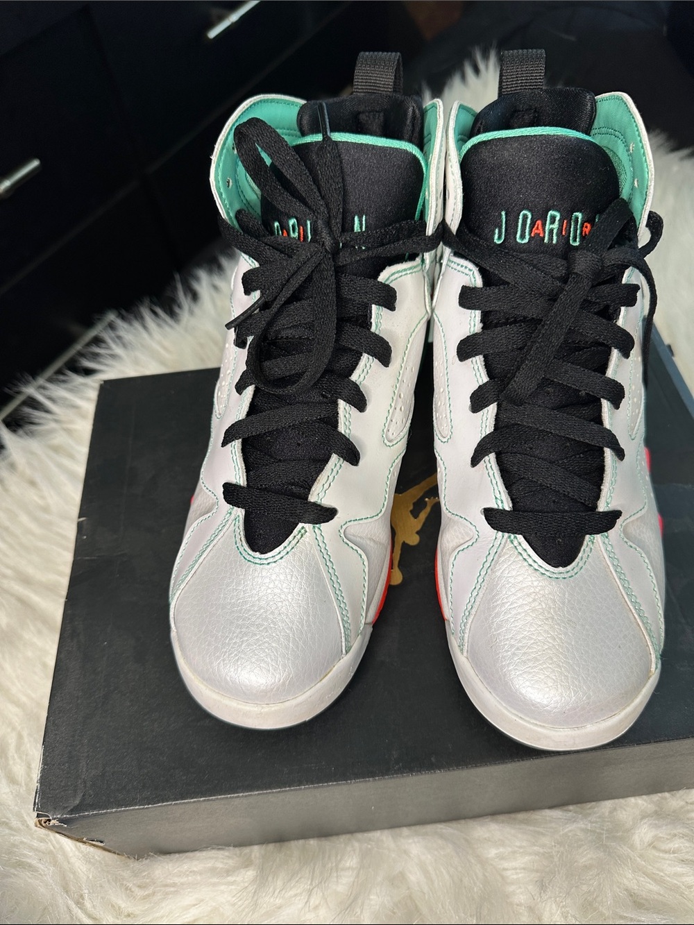 Air Jordan Kids' Retro 7 Basketball Shoes in Silver/Teal and watermelon.  Size 7
